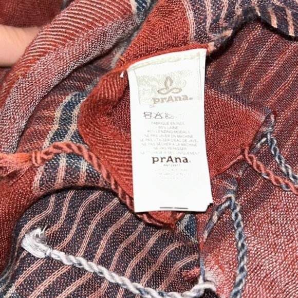 prana rusty red blue tartan plaid wool modal fringe trim shawl wrap scarf - Picture 4 of 4